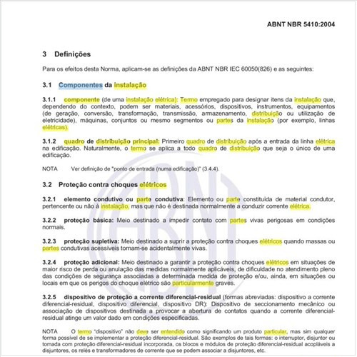 Como deve ser entendido o termo componente de uma instalação elétrica e o termo quadro de distribuição principal de uma instalação?