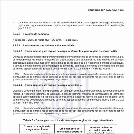 Quais são os dados para os ciclos de ensaio para regime de carga intermitente?