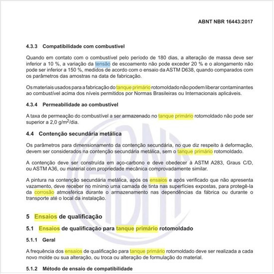 Quais são os ensaios de qualificação para tanque primário rotomoldado?