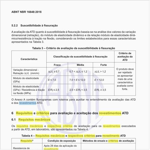 Quais os requisitos mecânicos e respectivos critérios para o revestimento ATD?