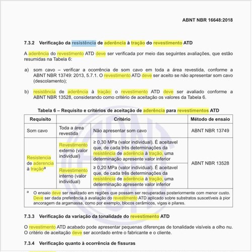 Como deve ser feita a verificação da resistência de aderência à tração do revestimento ATD?