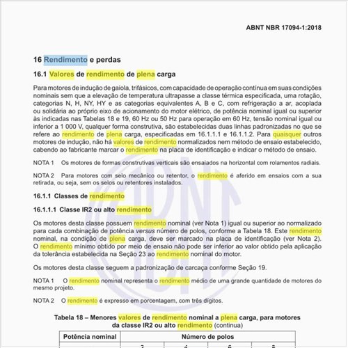 Quais os valores de rendimento de plena carga?