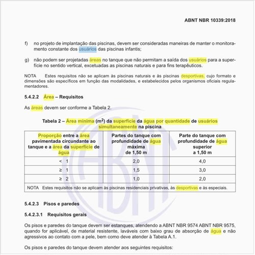 Qual a área mínima (m²) da superfície da água por quantidade de usuários simultaneamente na piscina?