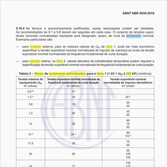 Quais os níveis de isolamento normalizados para a faixa 1 (1 kV < Um = 245 kV)?