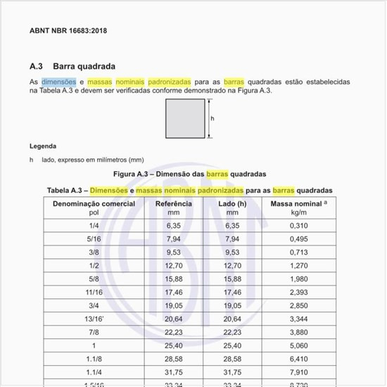 Quais as dimensões e massas nominais padronizadas para as barras quadradas?