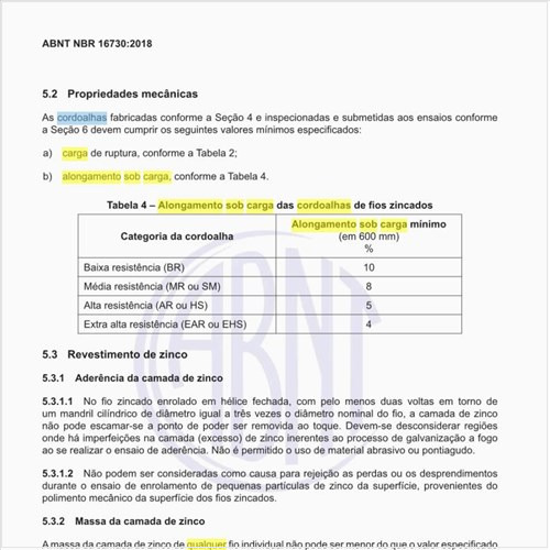 Qual o alongamento sob carga das cordoalhas de fios zincados?