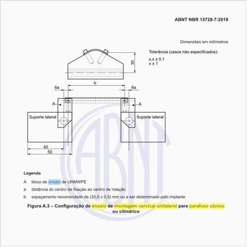Qual a configuração de ensaio de montagem cervical unilateral para parafuso cônico ou cilíndrico?
