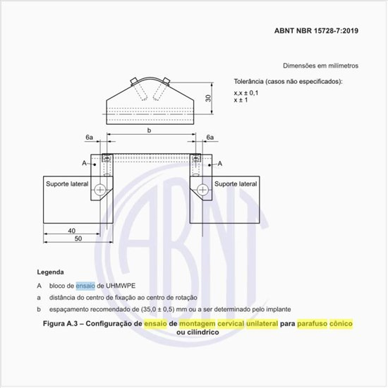 Qual a configuração de ensaio de montagem cervical unilateral para parafuso cônico ou cilíndrico?