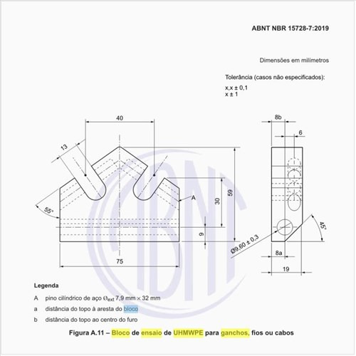 Como deve ser o bloco de ensaio de UHMWPE para ganchos, fios ou cabos?
