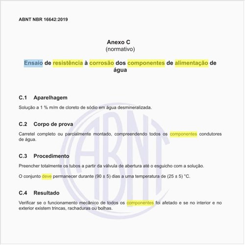 Qual deve ser o ensaio de resistência à corrosão dos componentes de alimentação de água?