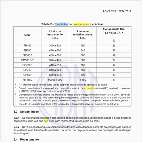 Quais são os requisitos de propriedades mecânicas?