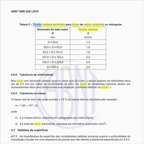 Qual a torção máxima permitida para tubos de seção quadrada ou retangular?