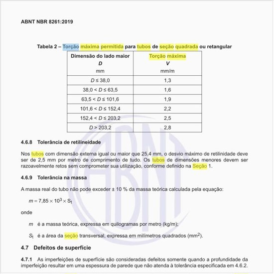 Qual a torção máxima permitida para tubos de seção quadrada ou retangular?