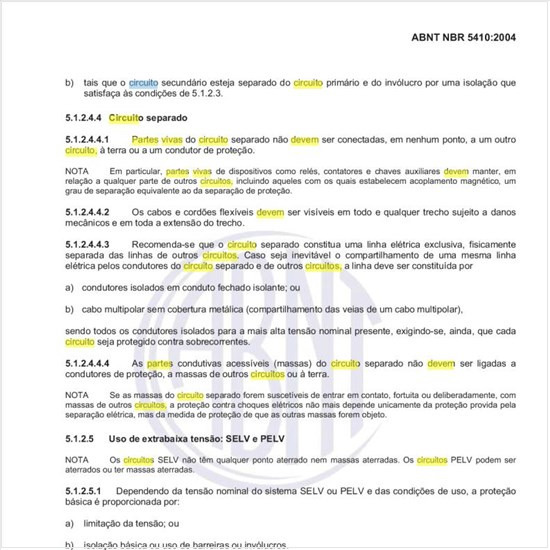 Como devem ser tratadas as partes vivas do circuito separado?