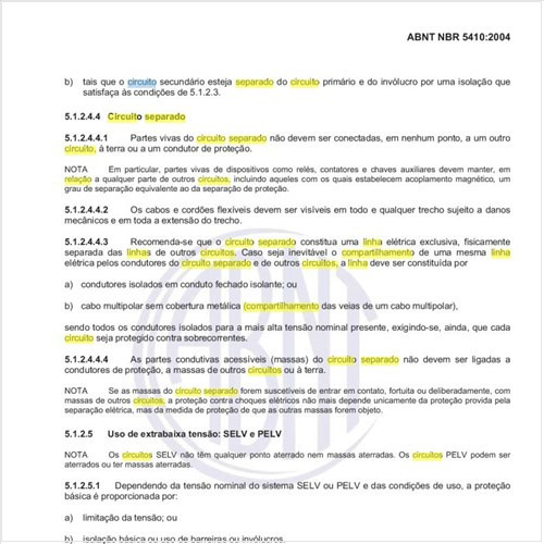 O que é recomendado para o circuito separado em relação ao compartilhamento ou não da linha elétrica?
