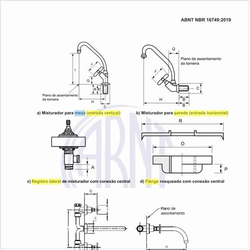 Quais as dimensões para misturadores para mesa (entrada vertical), parede (entrada horizontal), registro lateral e flange rosqueada?