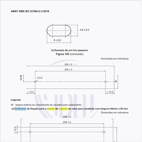Quais as distâncias de fixação para o ensaio de suporte de cabo?