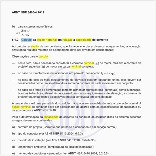 Como realizar o cálculo da seção nominal em relação à capacidade de corrente?