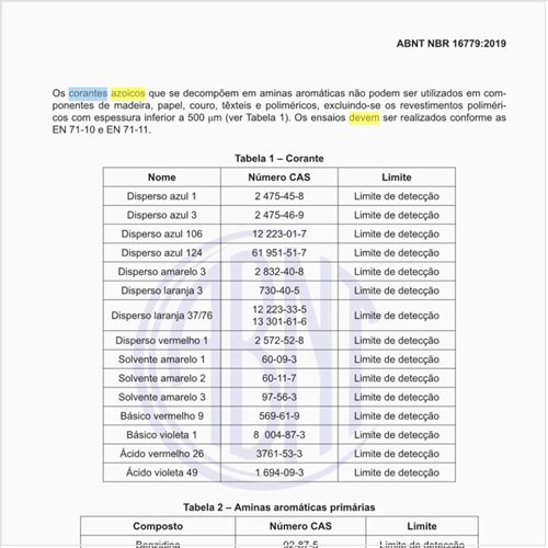Quais os corantes azoicos que não devem ser usados nos equipamentos?