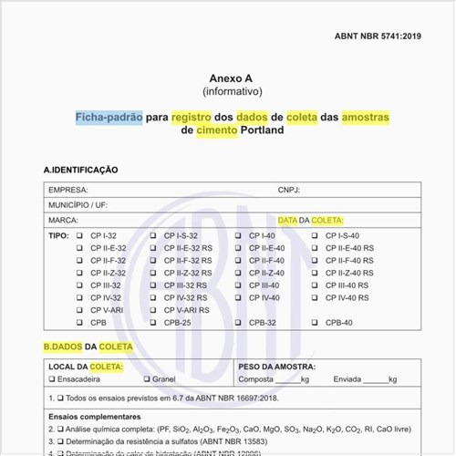 Como deve ser a ficha-padrão para registro dos dados de coleta das amostras de cimento Portland?