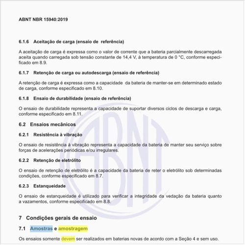Como deve ser as características das amostras e amostragem das baterias?