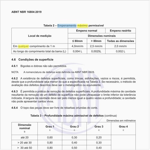 Qual é o empenamento máximo permissível?