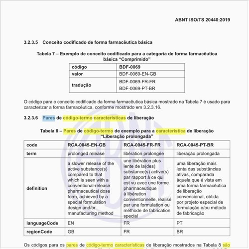 Quais são os pares de código-termo características de liberação?