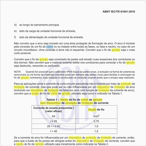 Qual deve ser a seção do fio de cobre de ignição sem dispositivo de proteção de limitação de corrente?