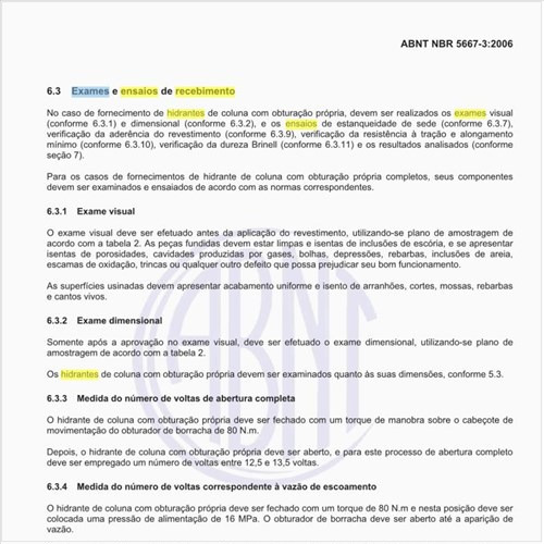 Quais os exames e ensaios de recebimento a serem feitos nos hidrantes de coluna?