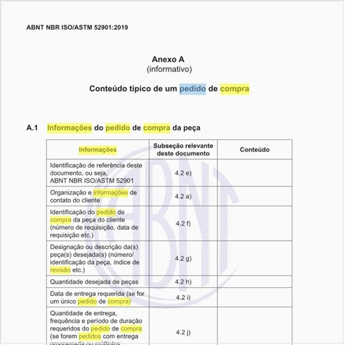 Quais são as informações do pedido de compra da peça?