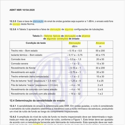 Quais os valores típicos de atenuação e de alcance de algumas condições de ensaio?