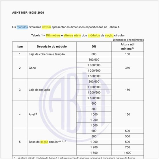 Quais devem ser os diâmetros e as alturas úteis dos módulos de seção circular?