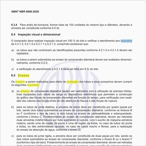 Quais os requisitos dos ensaios para a aceitação dos tubos?