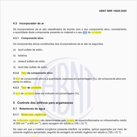 Qual é o ensaio para o teor de umidade, moléculas orgânicas e carga mineral?