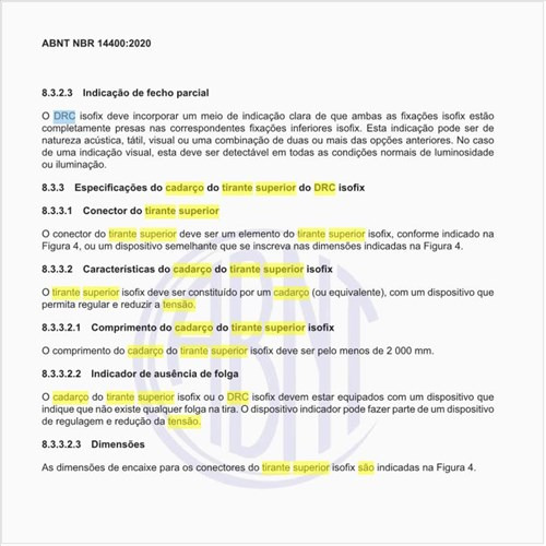 Quais são as especificações do cadarço do tirante superior do DRC isofix?