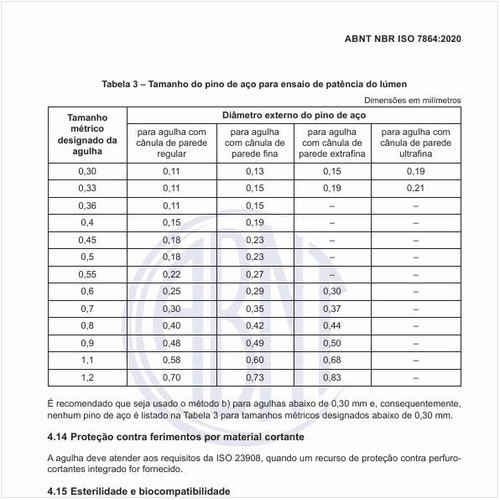 Qual é o tamanho do pino de aço para ensaio de diâmetro interno?