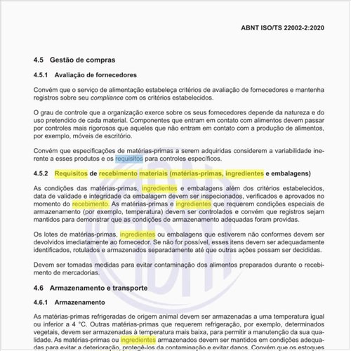 Quais são os requisitos de recebimento materiais (matérias-primas, ingredientes e embalagens)?