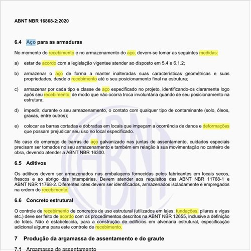 Quais as medidas no recebimento de aço para as armaduras?