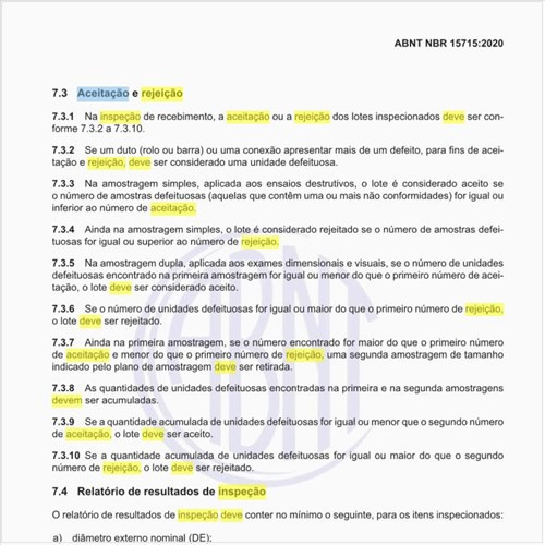 Como deve ser executada a aceitação e rejeição na inspeção de recebimento?