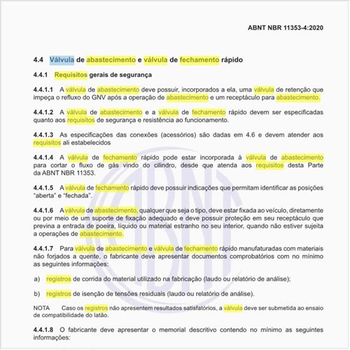 Quais os requisitos da válvula de abastecimento e da válvula de fechamento rápido?