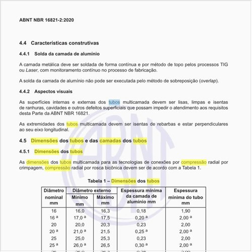 Quais são as dimensões dos tubos e das camadas dos tubos?