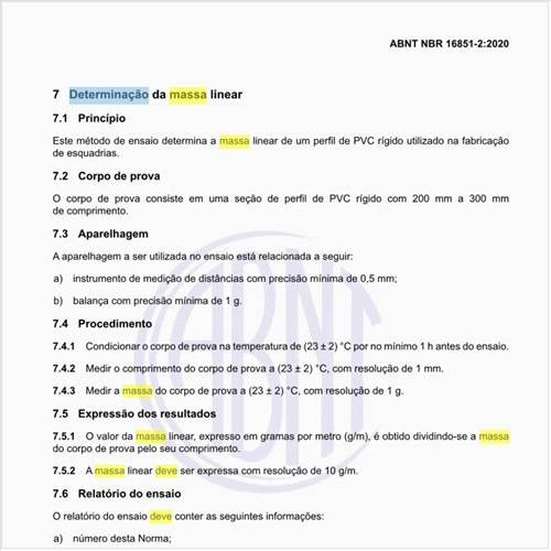 Como deve ser executada a determinação da massa linear?