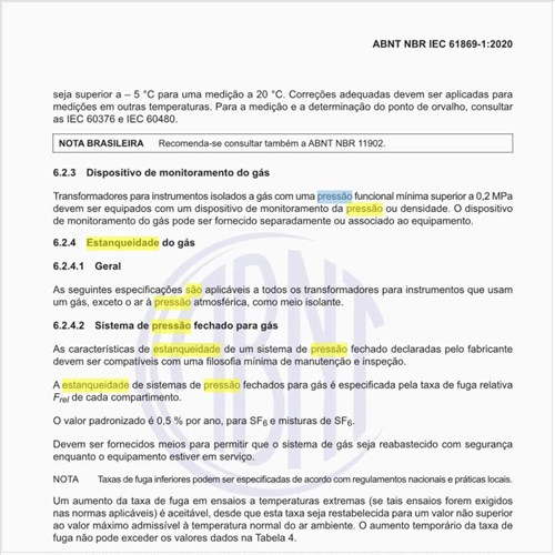 Quais são as especificações para a estanqueidade do gás?