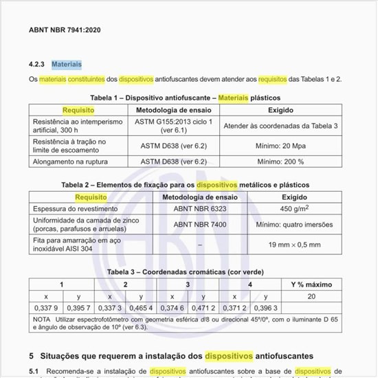 Quais são os requisitos dos materiais constituintes dos dispositivos antiofuscantes?