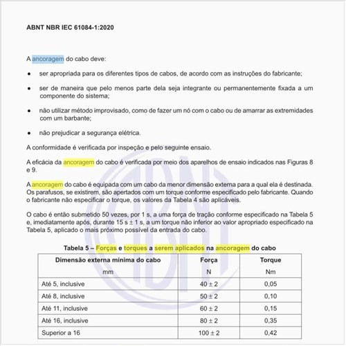 Quais as forças e torques a serem aplicados na ancoragem do cabo?