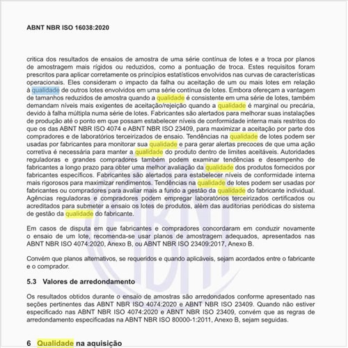 Quais as especificações para a qualidade na aquisição?