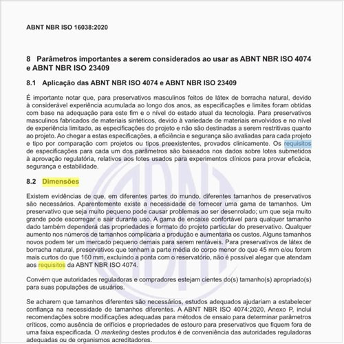 Quais os requisitos para as dimensões dos preservativos?
