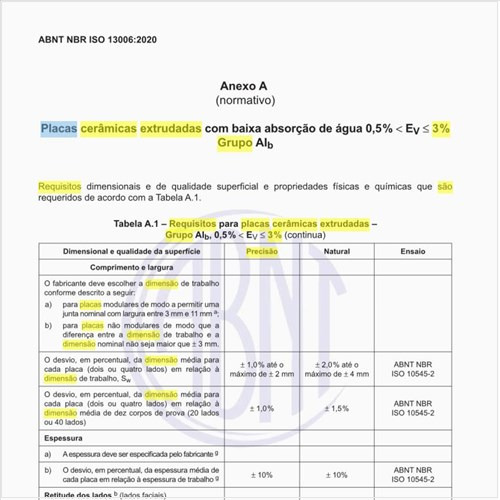 Quais são os requisitos para placas cerâmicas extrudadas – Grupo AIb, 0,5 % < EV = 3%?