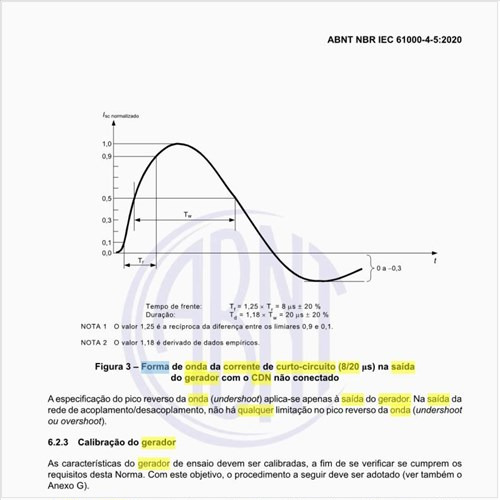 Qual é a forma de onda da corrente de curto-circuito (8/20 µs) na saída do gerador com o CDN não conectado?