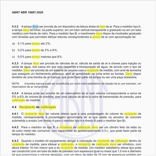 Como deve ser o recipiente de calibração para a determinação do teor de ar?